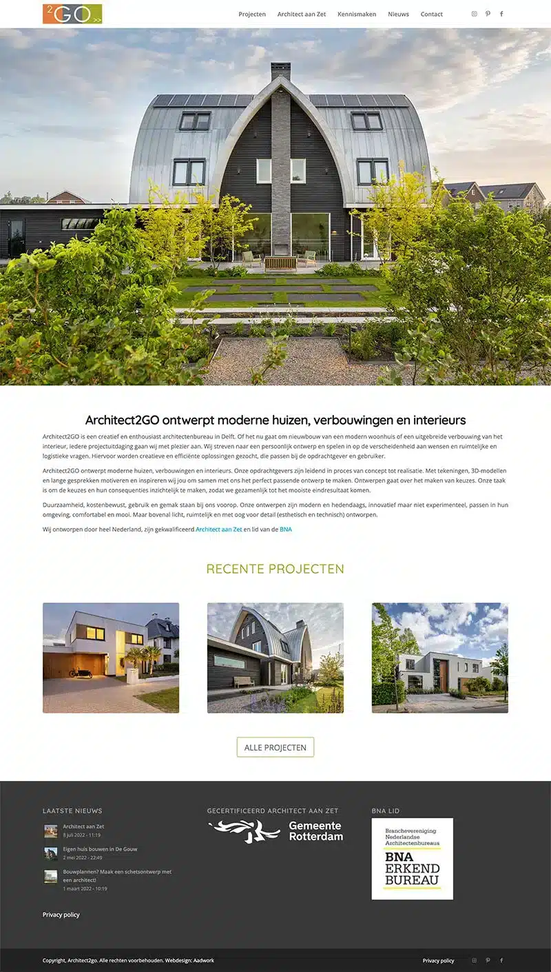 wordpress website ontwerp voor architect2go door aad wagner van aadwork uit bink36 den haag