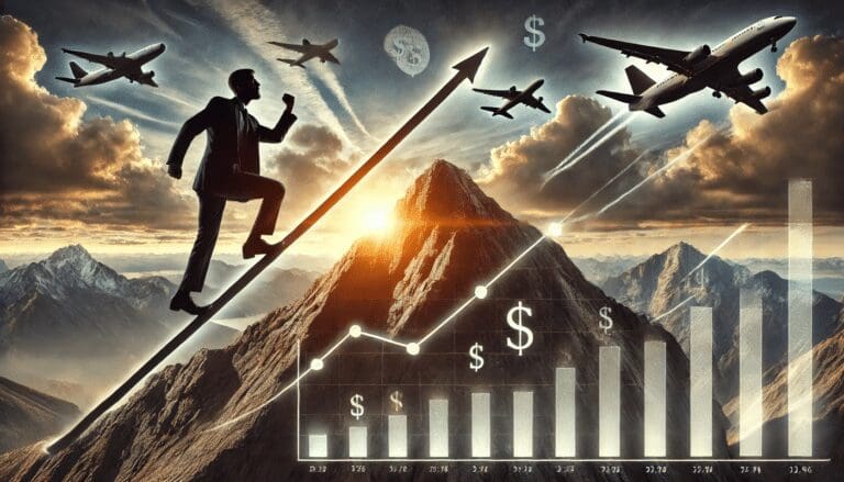 Man loopt omhoog, financiële groei en vliegtuigen in lucht.