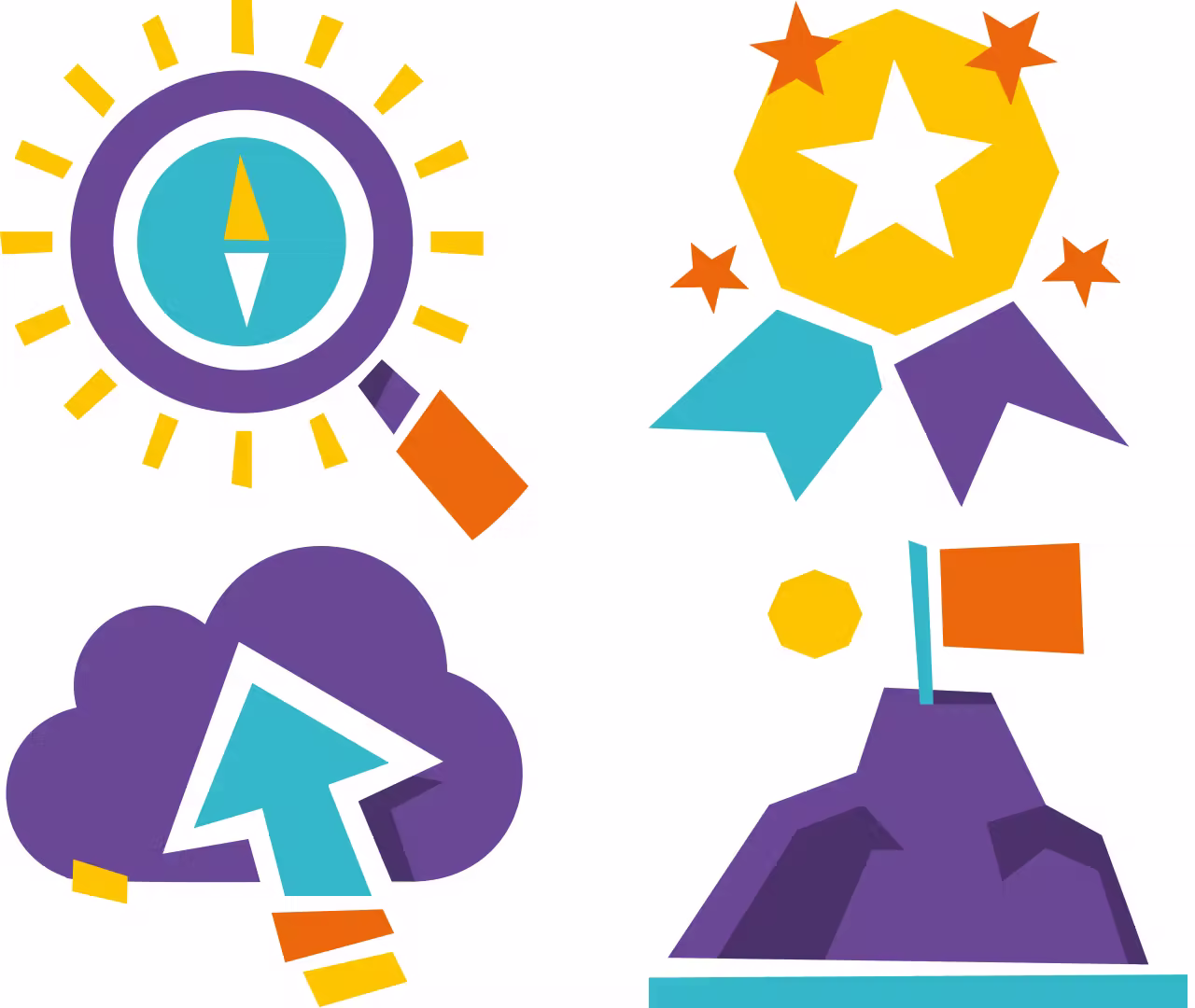 Vier badge ontwerpen die in het SnipStory spel behaald worden.