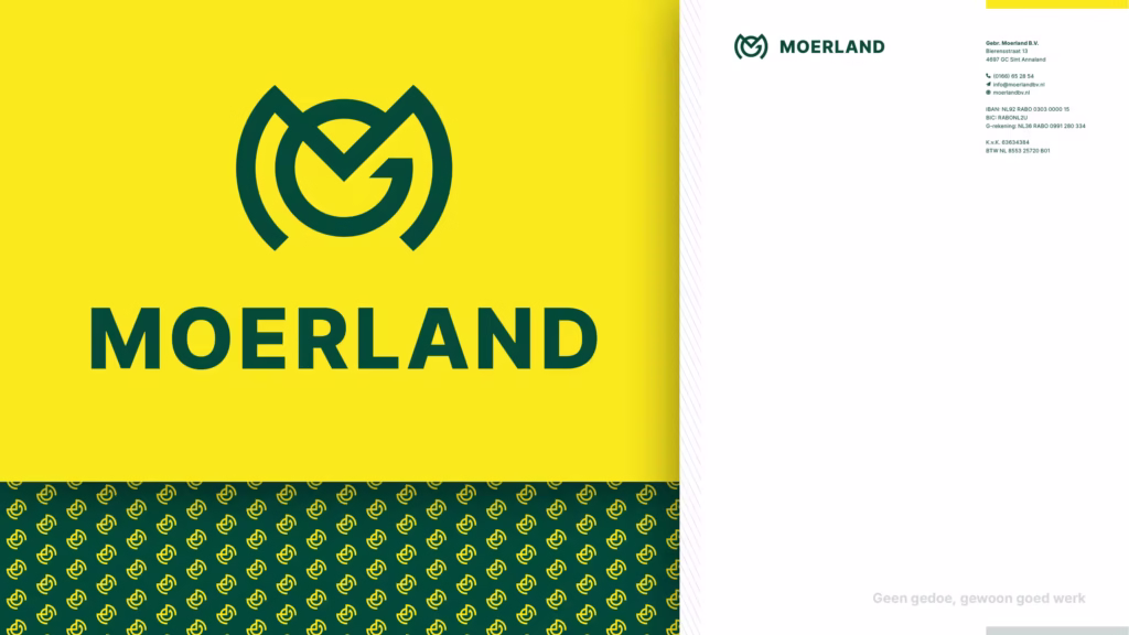 logo moerland bv groen op geel, met daaronder het patroon en ernaast briefpapier